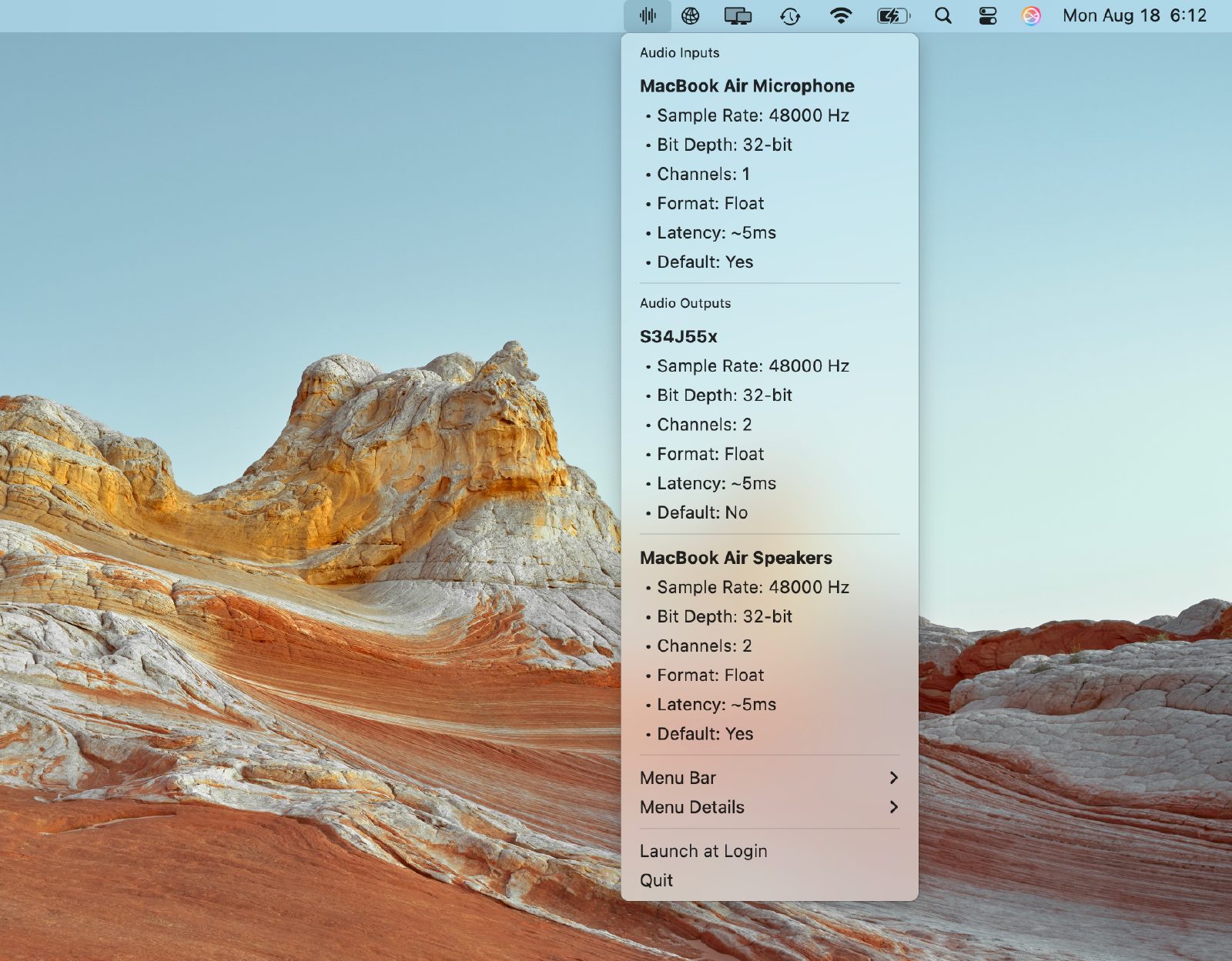 Audio Connection Information menu bar popup showing MacBook Air Microphone specs and audio output devices screenshot