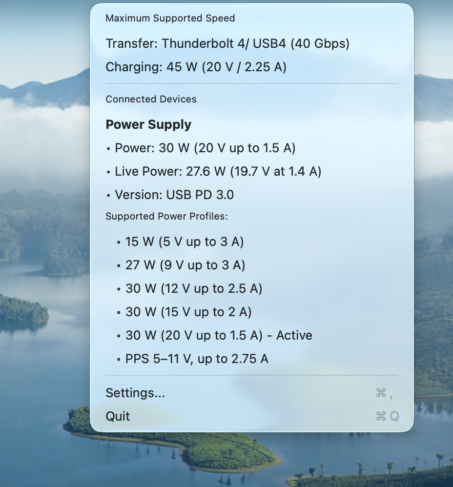 A 30W USB-C charger from a third-party brand identified only as “Power Supply” on a Mac