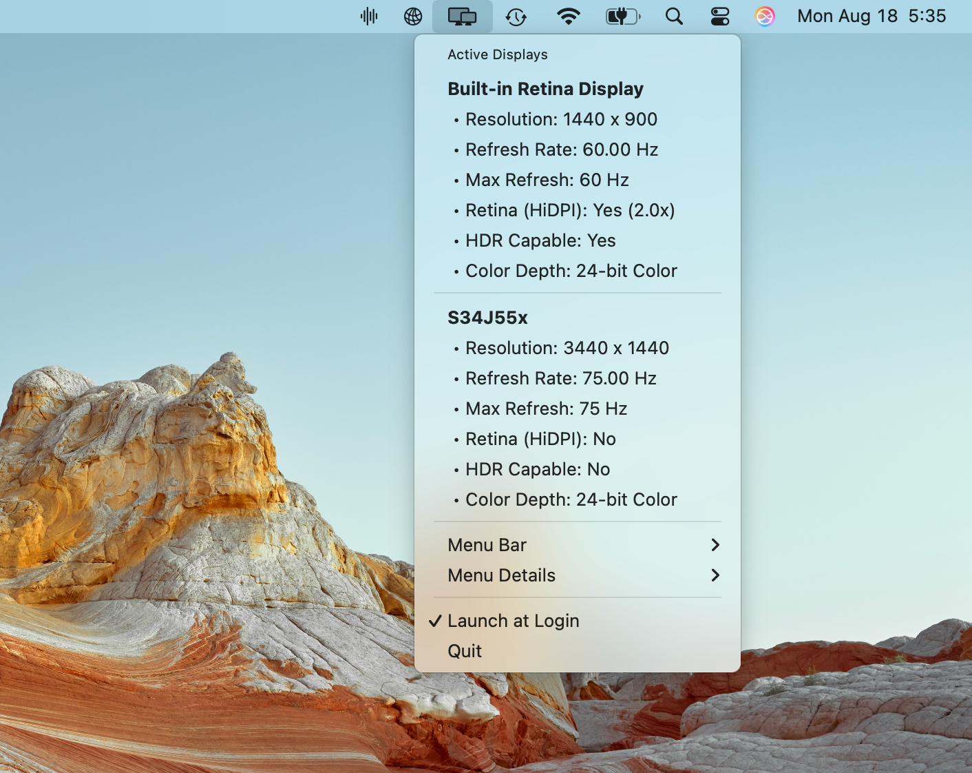 Display Connection Information menu bar popup showing resolution, refresh rate, HDR, and Retina scaling for two connected displays screenshot