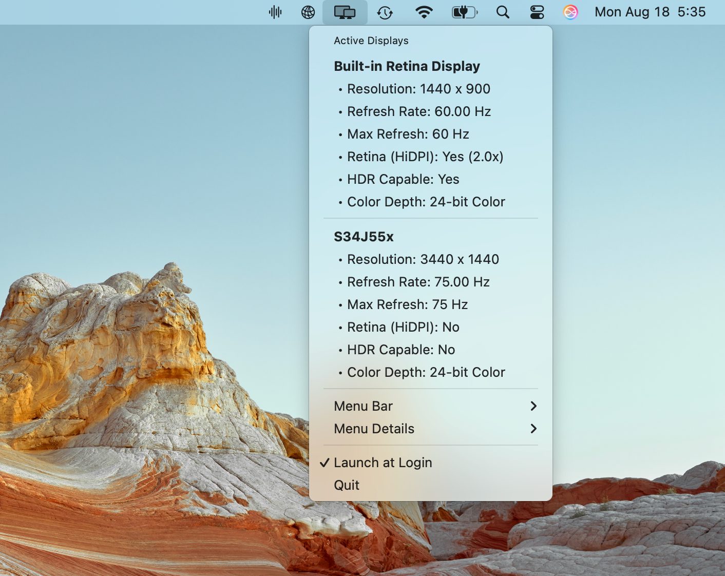 Display Connection Information menu bar popup showing resolution, refresh rate, HDR, and Retina scaling for two connected displays screenshot