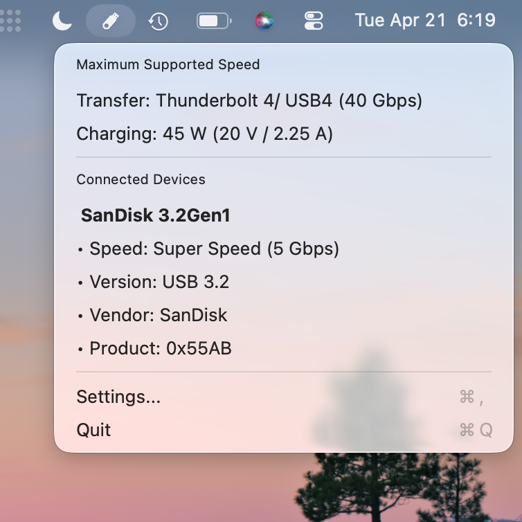 USB Connection Information notification on macOS — SanDisk 3.2Gen1 Connected at Full Speed, Super Speed 5 Gbps