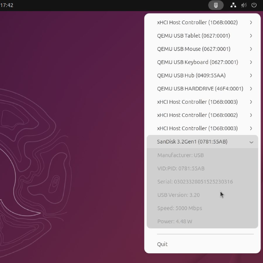 USB Connection Information tray app on Ubuntu Linux showing USB device list with SanDisk selected at USB 3.2, 5000 Mbps
