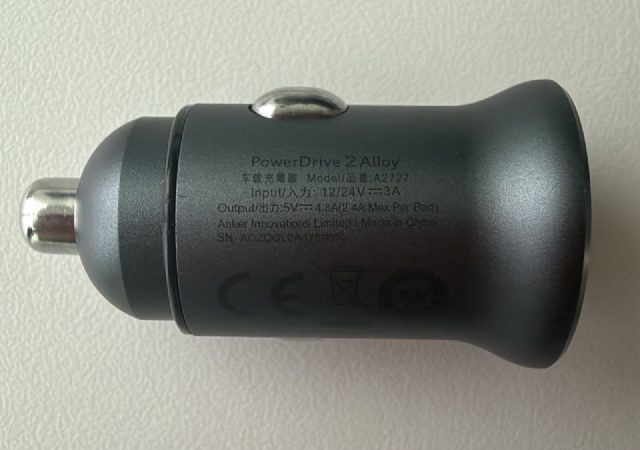 PowerDrive 2 Alloy. Model A2727. Input 12/24V at 3A. Output 5V at 4.8A (2.4A Max Per Port). Anker Innovations Limited. Made in China.