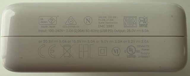 140.0W 102.5W 75.0W 27.0W 15.6W. Flextronics. EMC 3981. Input 100-240V~ 2.0A 50-60Hz. USB PD Output 28.0V at 5.0A, or 20.5V at 5.0A, or 15.0V at 5.0A, or 9.0V at 3.0A, or 5.2V at 3.0A. E199967.