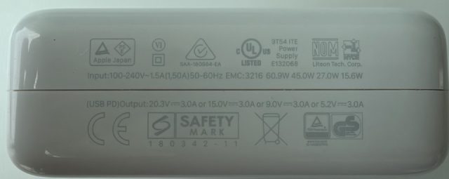 60.9W 45.0W 27.0W 15.6W. Input 100-240V~ 1.5A 50-60Hz. EMC 3216. USB PD Output 20.3V at 3.0A, or 15.0V at 3.0A, or 9.0V at 3.0A, or 5.2V at 3.0A. Liteon Tech Corp. E132068.
