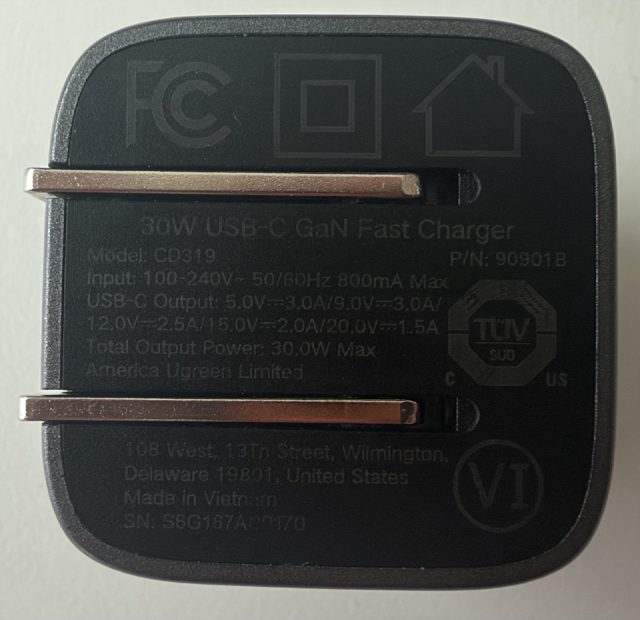 30W USB-C GaN Fast Charger. Model CD319. P/N 90901B. Input 100-240V~ 50/60Hz 800mA Max. USB-C Output 5.0V at 3.0A, 9.0V at 3.0A, 12.0V at 2.5A, 15.0V at 2.0A, 20.0V at 1.5A. Total Output Power 30.0W Max. America Ugreen Limited. Made in Vietnam.