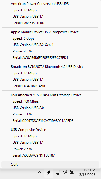 USB Connection Information running on Windows, showing connected USB devices with speeds and power details